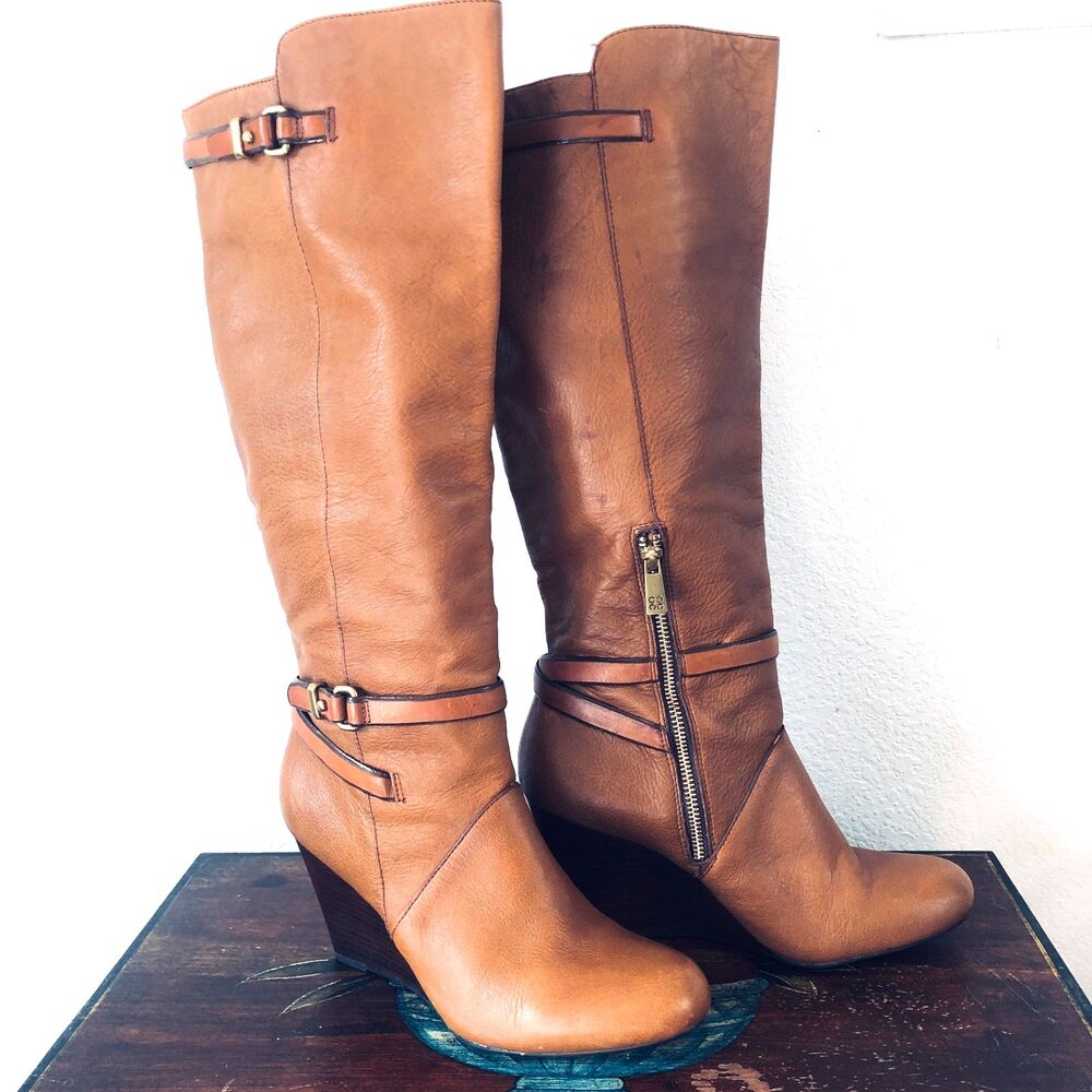Coach Adair Pebble Grain Leather Wedge Brown Boots Knee High  Q.1300 Size 8.5B